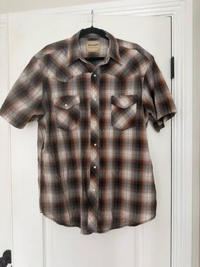Wrangler Men’s Short Sleeve Plaid Western Shirt Pearl Buttons Brown Black White